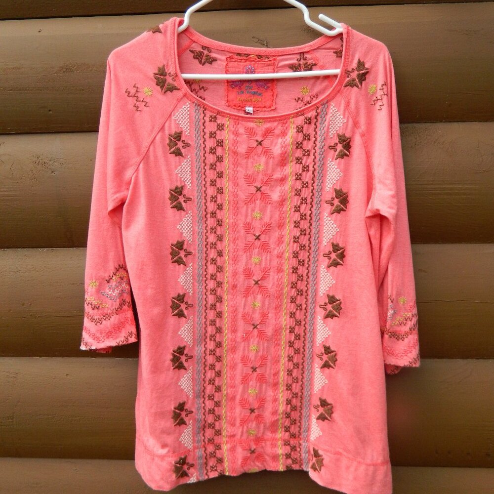 Johnny Was Blue Embroidered Top T-shirt Blouse 3/4 Sleeves small